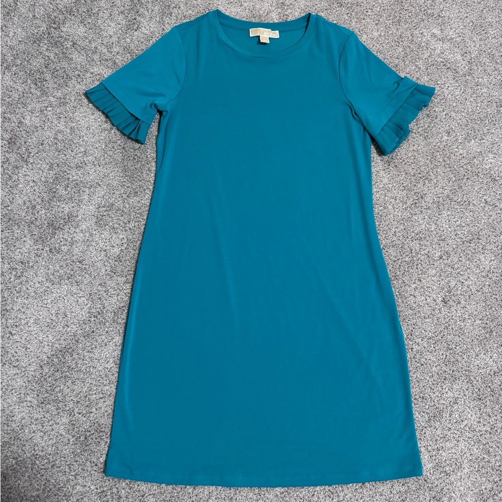 NWOT Michael Kors Knee Length Swing Dress, Teal, Ruffle Sleeve, Size S